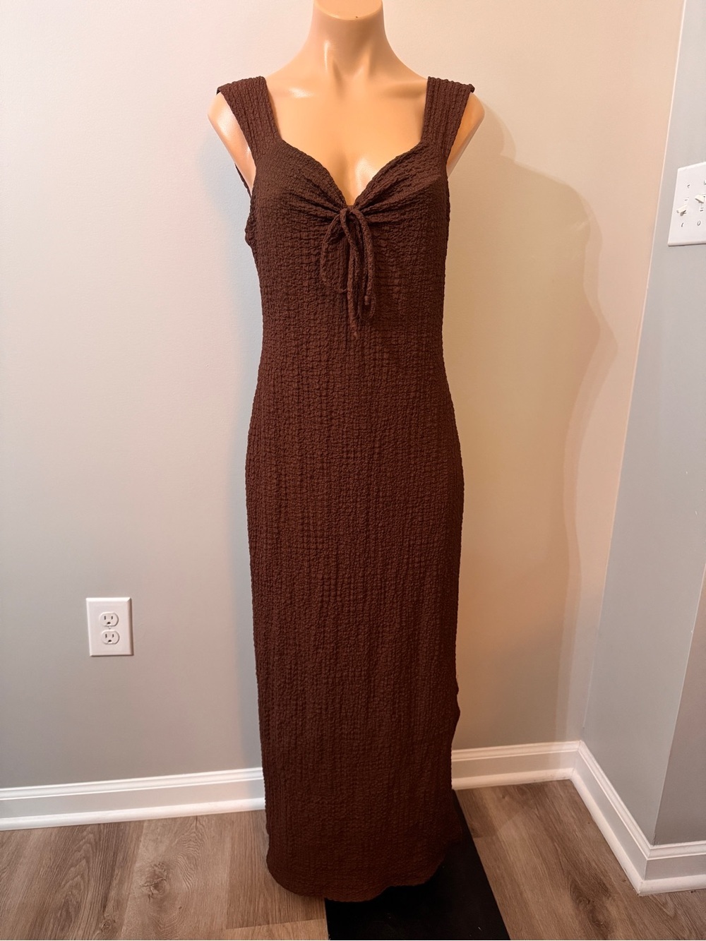 See You Monday Brown Maxi Dress XL Textured Knit tie-front Bodycon